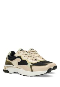 Beiga och svarta sneakers i mesh och mocka, med gröna och gyllene accenter, rund tå och snörning.