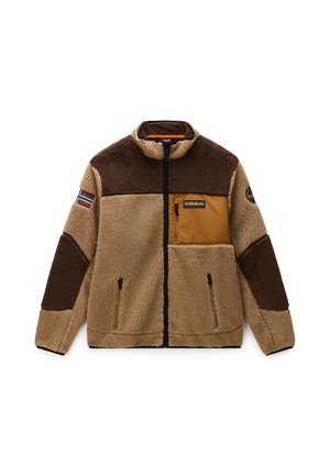 Braune und beige Fleecejacke mit durchgehendem Reißverschluss, Reißverschlusstaschen an Brust und Seiten sowie Aufnähern an beiden Ärmeln.