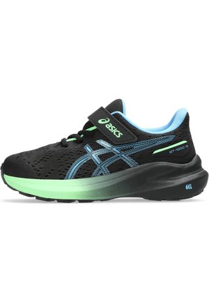 Zapatilla deportiva negra con parte superior de malla, acentos azules, media suela verde y correa ajustable. Cuenta con amortiguación de gel y elementos de diseño con patrones.