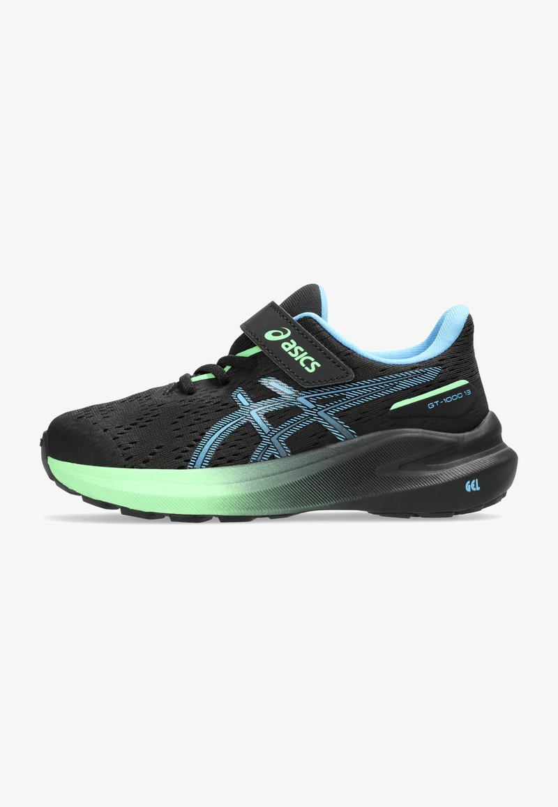 Chaussure de sport noire avec tige en mesh, accents bleus, semelle intermédiaire verte et sangle ajustable. Caractérisée par un amorti en gel et des éléments de design à motifs.