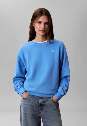 Młoda kobieta z długimi brązowymi włosami, ubrana w niebieską bluzę Calvin Klein i niebieskie dżinsy, stoi z rękami w kieszeniach na szarym tle.