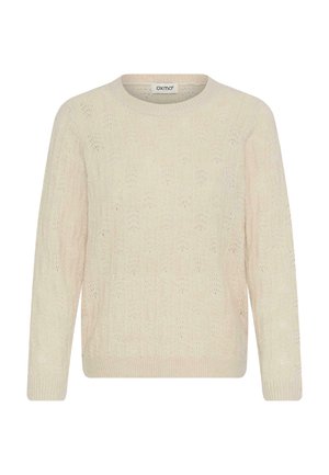 Pull en crème clair avec un motif de tricot texturé, col rond et manches à bords-côtes. Présente des détails ajourés dans tout le tissu.