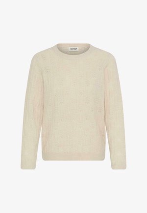 Helevalge pullover-sviiter tekstureeritud kootud mustriga, ümar kaelus ja ribatud mansetid. Funktsiooniks on avatud kudumise detailid kogu kangas.