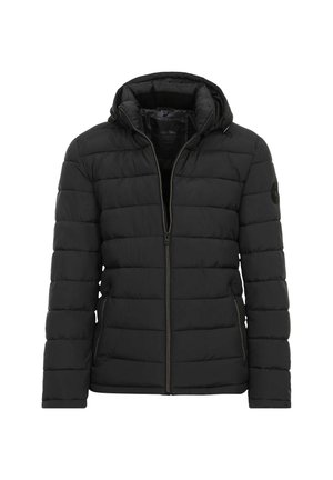 Sort pufferjakke, quilted design med vandrette striber, har en hætte og lynlåslukning foran. Blød tekstur og minimal branding.
