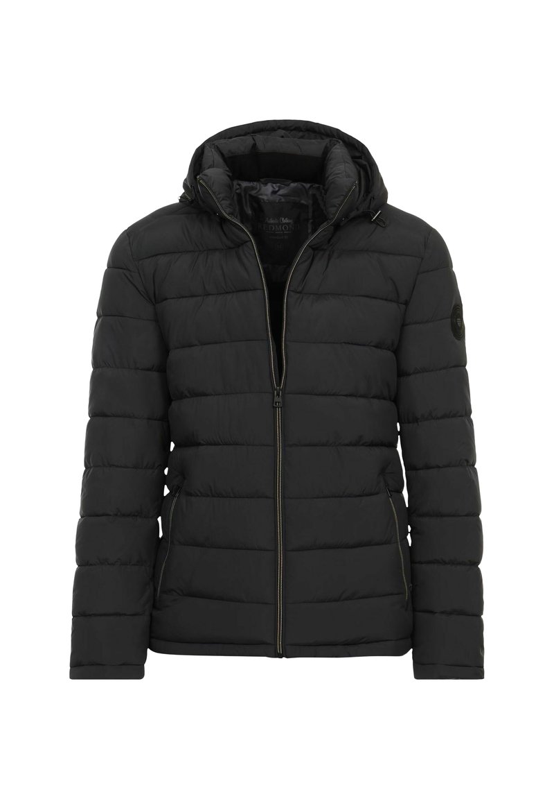 Sort pufferjakke, quilted design med vandrette striber, har en hætte og lynlåslukning foran. Blød tekstur og minimal branding.