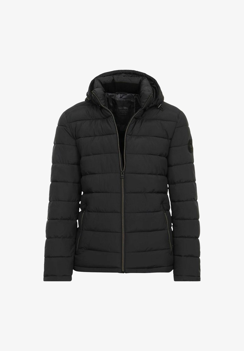 Sort pufferjakke, quilted design med vandrette striber, har en hætte og lynlåslukning foran. Blød tekstur og minimal branding.