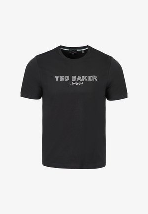 Schwarzes T-Shirt mit kurzen Ärmeln und Rundhalsausschnitt, vorne mittig mit „TED BAKER LONDON“ in Weiß bedruckt.