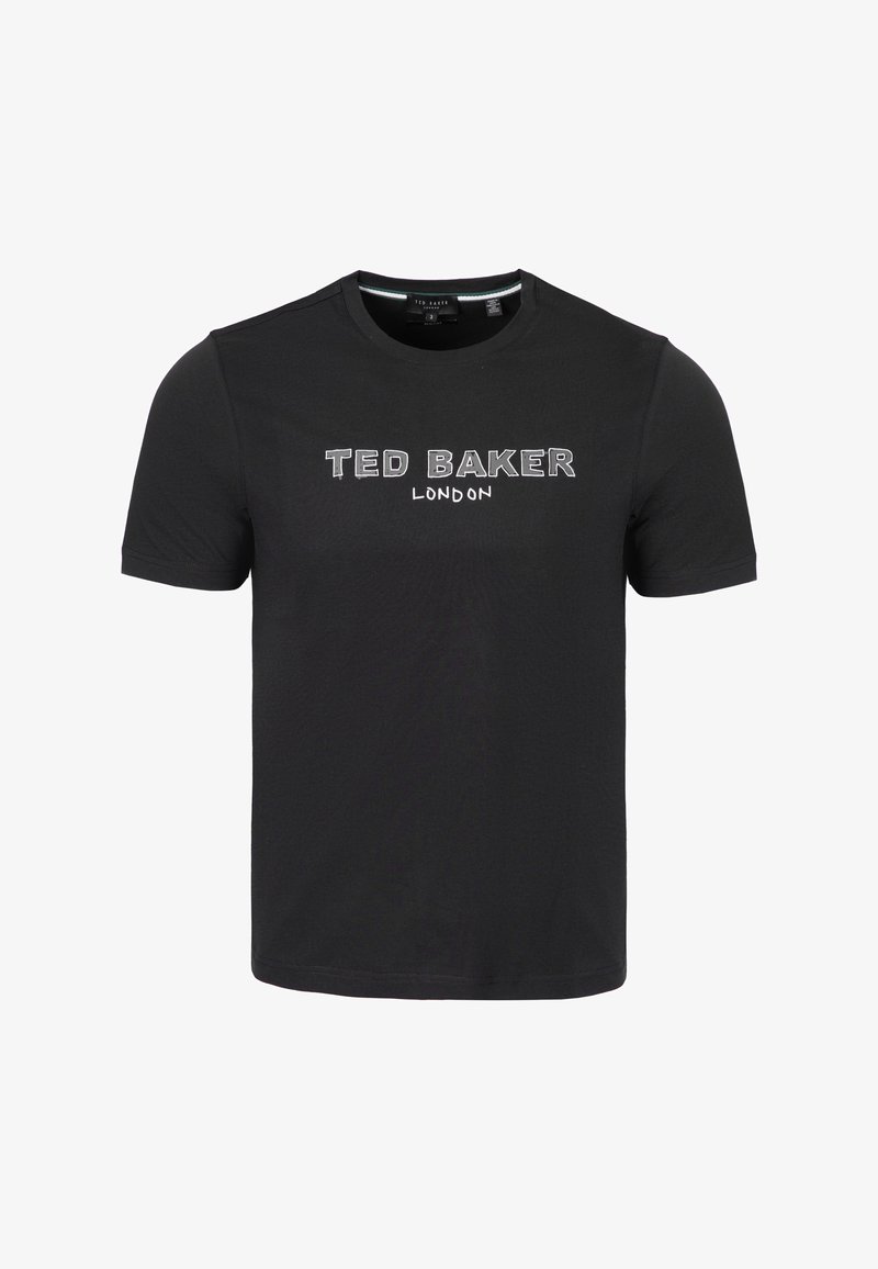 T-shirt noir à manches courtes avec col rond, imprimé « TED BAKER LONDON » en blanc au centre devant.