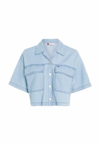 Cropped light blue denim jacket featuring a pointed collar, large front pockets, and a button closure with silver hardware.