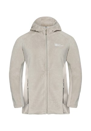 Light grey fleece jacket with a hood, full zip closure, two side pockets, and white accents on sleeves; soft texture throughout.