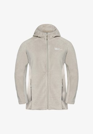 Lichtgrijze fleecejack met capuchon, volledige ritsluiting, twee zijzakken en witte accenten op de mouwen; zachte textuur overal.