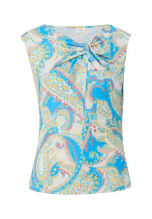 Top bez rękawów z lekkiego materiału, zdobiony niebieskim, żółtym i różowym wzorem paisley oraz kokardą przy dekolcie.