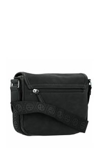 Borsa a tracolla nera realizzata in pelle liscia, con una tasca frontale con zip e una tracolla regolabile a fantasia. Forma rettangolare con cuciture minime.