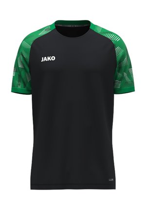 Schwarzes Sportshirt mit grünen gemusterten kurzen Ärmeln und weißem JAKO-Logo auf der linken Vorderseite der Brust.