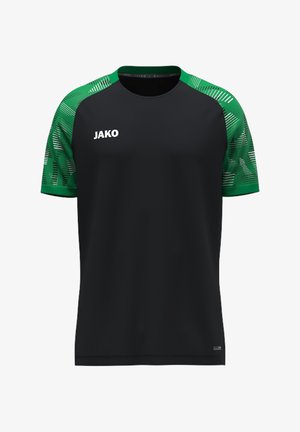 Maglia sportiva nera con maniche corte verdi a motivo e logo JAKO bianco sul petto, lato anteriore sinistro.