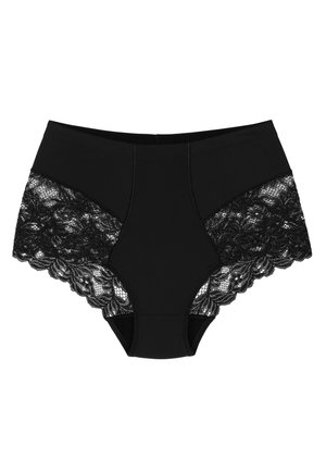 Czarne majtki z wysokim stanem, z solidnym środkowym panelem i misternymi czarnymi koronkowymi akcentami po bokach, z falbaniastym brzegiem.