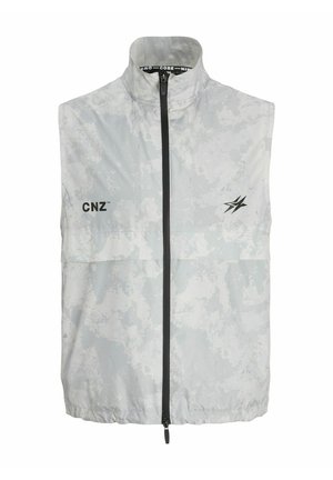 Leichte, ärmellose Weste in einem hellgrauen Camouflage-Muster, mit einem durchgehenden schwarzen Reißverschluss und den Logos "CNZ" sowie einem Grafikdesign auf der Vorderseite.