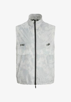 Leichte, ärmellose Weste in einem hellgrauen Camouflage-Muster, mit einem durchgehenden schwarzen Reißverschluss und den Logos "CNZ" sowie einem Grafikdesign auf der Vorderseite.