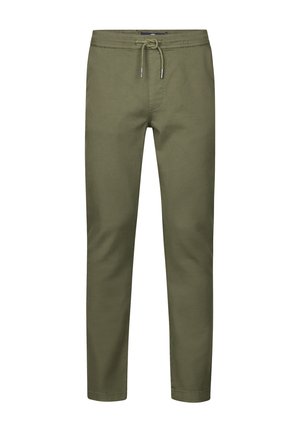 Pantaloni verde oliva realizzati in tessuto morbido, con vita elastica e cordino, gambe affusolate e senza tasche o decorazioni visibili.