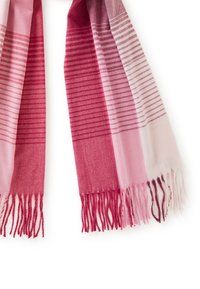 Sciarpa lavorata a maglia con strisce orizzontali di diverse tonalità di rosa, con bordi frangiati. Tessuto morbido, design leggero.