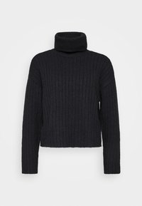 Schwarz, gerippter Strickturtleneck-Pullover mit langen Ärmeln und einer lockeren Passform. Verfügt über einen hohen, umgeschlagenen Kragen und strukturierten Stoff.