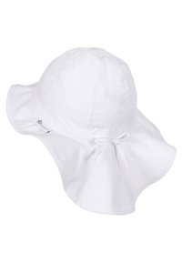 Weißer Sonnenhut mit breiter Krempe, hergestellt aus leichtem Stoff, mit einer gebundenen Schleife hinten und einer glatten Textur.