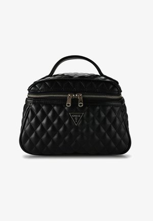 Zwarte gewatteerde handtas met een gestructureerde vorm, voorzien van een handvat aan de bovenkant en dubbele metalen rits. Geaccentueerd met een driehoekige logoplaat.