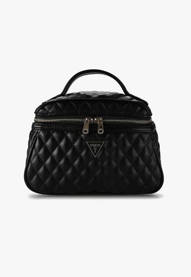 Borsa nera trapuntata dalla forma strutturata, con manico superiore e doppia cerniera in metallo. Decorata con una targhetta logo triangolare.