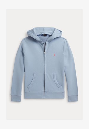 Gaiši zils zippered džemperis ar priekšējām kabatām, garām piedurknēm, kapuci un nelielu rozā Polo Ralph Lauren logotipu kreisajā krūtīs.