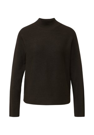 Maglione a maglia di colore marrone scuro con collo alto, maniche lunghe e vestibilità rilassata. Il tessuto presenta una leggera costina per un effetto texture.