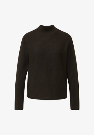 Dark brown knit sweater with a high mock neck, long sleeves, and a relaxed fit. The fabric features subtle ribbing for texture.