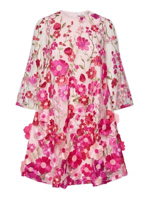 Blommig klänning med rosa och röda broderade blommor på ett genomskinligt tyg, med långa ärmar och fladdrande nederdel.