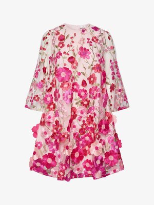 Floral dress featuring pink and red embroidered flowers on a sheer fabric, with long sleeves and a flared hemline.