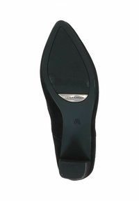 Scarpa nera con tacco alto, punta appuntita, materiale scamosciato morbido, design elegante e tacco a blocco piccolo. Presenta il logo del marchio sulla suola.