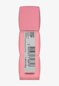 Contenitore cosmetico rettangolare rosa con una superficie liscia, dotato di un'etichetta con dettagli sul prodotto, codice a barre e testo multilingue.