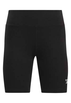 Shorts de sport noirs avec une taille haute, en tissu extensible. Présentent une texture lisse et un petit logo de marque blanc sur la jambe inférieure.