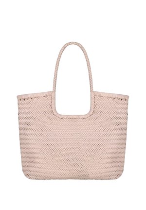Borsa tote rosa chiaro intrecciata con manici intrecciati e apertura rettangolare superiore, con motivo a intreccio a cesto.