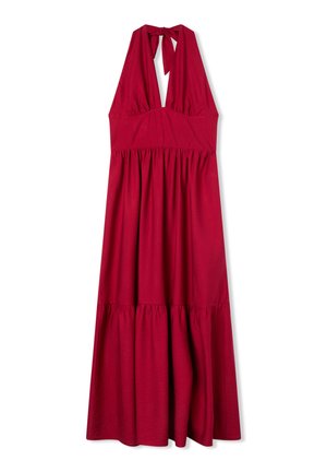 Abito maxi rosso con scollo all'americana realizzato in tessuto morbido, con un corpetto aderente, vita arricciata e una gonna a strati fluente.