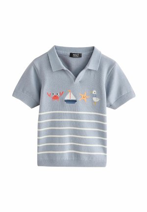 Light blue knitted polo shirt with white stripes, featuring embroidered designs: crab, sailboat, starfish, and seagull on the chest.
