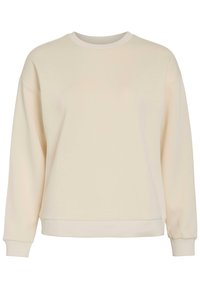 Beige sweatshirt met ronde hals, lange mouwen en geribde manchetten en zoom. Zachte textuur, ontspannen pasvorm, minimalistisch ontwerp.