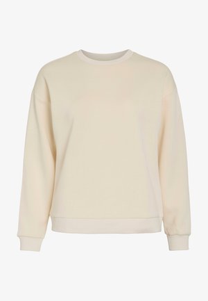 Béžová mikina s kulatým výstřihem, dlouhými rukávy a žebrovanými manžetami a spodním lemem. Měkká textura, volnější střih, minimalistický design.