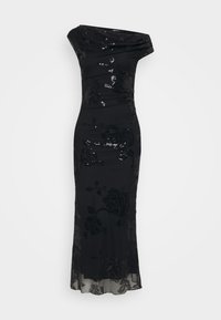 Melnā kleita ar pieguļošu siluetu, nokarenu kakla līniju, ziedu rakstu, spīdumiem un caurspīdīgu apakšmalas detaļu.