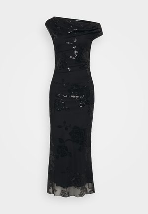 Zwarte jurk met een aansluitend silhouet, een off-shoulder halslijn, bloemenpatroon, pailletten en een doorschijnende onderzoom.