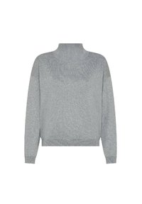 Maglione a collo alto grigio chiaro con texture a coste, maniche lunghe e vestibilità rilassata. Il tessuto appare morbido e leggermente elasticizzato.