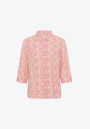 Leichtes, mit Kragen versehenes Hemd aus heller Stoff, geschmückt mit kleinen rosa und blauen Blumenmustern. Dreiviertellange Ärmel mit Knopfdetails.