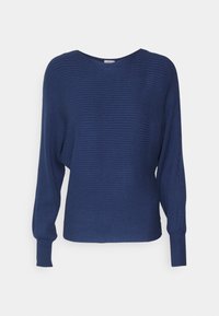 Wipełniony granatowy sweter z prążkowanej dzianiny, z okrągłym dekoltem, długimi rękawami i dopasowanymi mankietami. Miękka tekstura, luźny krój i prosty design.