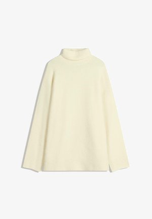 Krémový rolák vyrobený z mäkkého materiálu, s dlhými rukávmi a uvoľneným strihom. Žiadne vzory ani akcenty nie sú viditeľné.