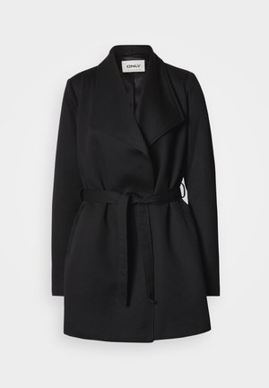 Black coat with a wide collar, long sleeves, and a tied waist belt. Made of soft, textured fabric with a minimalist design.