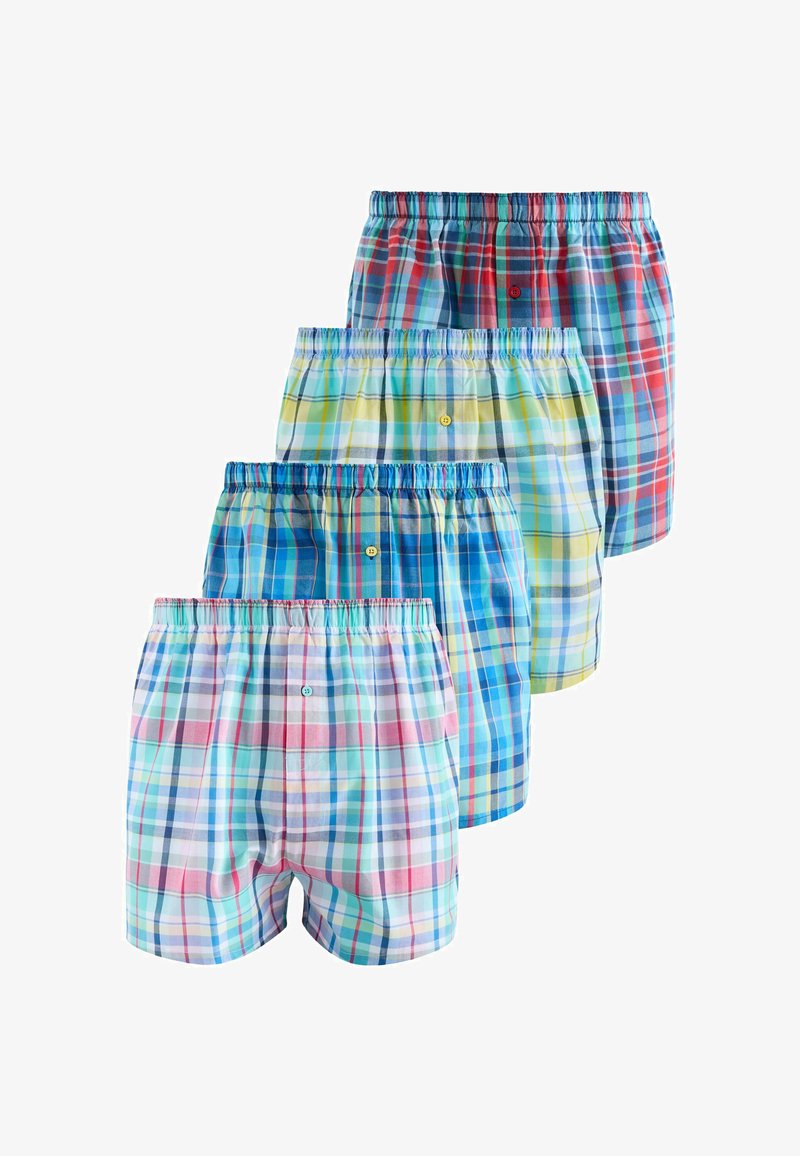 Ensemble de quatre boxers pour hommes en coton à carreaux, dans diverses couleurs pastels et vives, chacun avec une ceinture élastique et un bouton sur le devant.