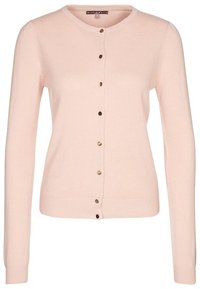 Ljusrosa stickad cardigan med rund hals, långa ärmar och knappstängning med guld detaljer fram.